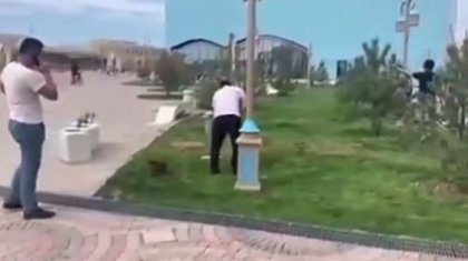 Түркістанда көгалды жасылға бояп жатқандар желіні шулатты (ВИДЕО)