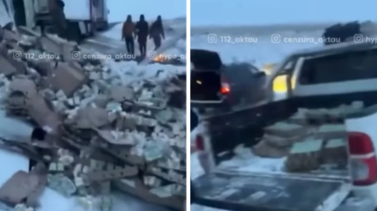 Маңғыстауда йогурт тиелген жүк көлігі аударылып, жүргізуші тауарды тегін таратқан